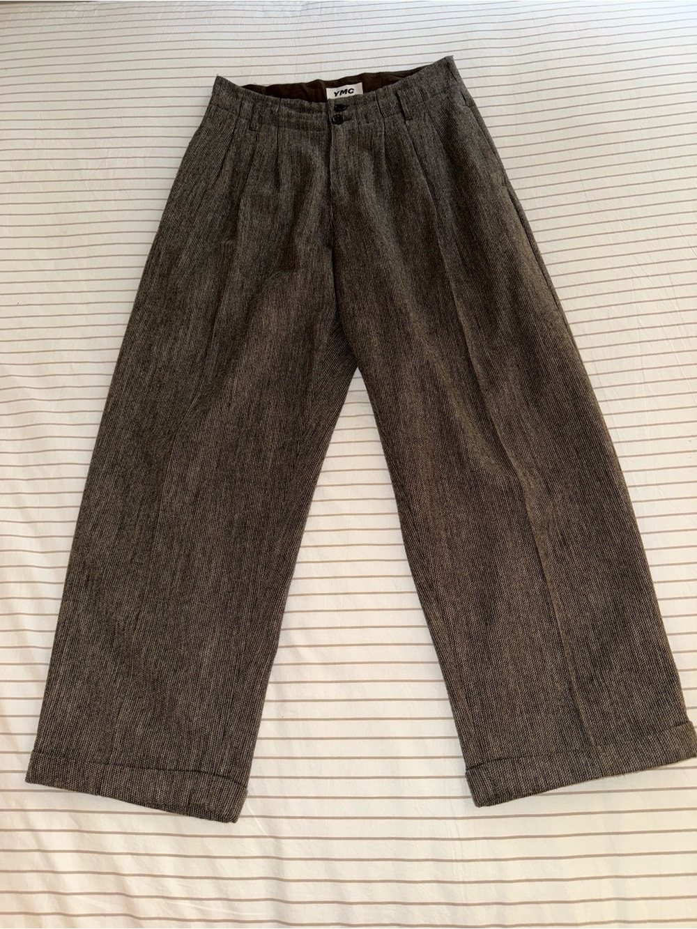 YMC Brown Herringbone Wide-Leg Pleated Trousers